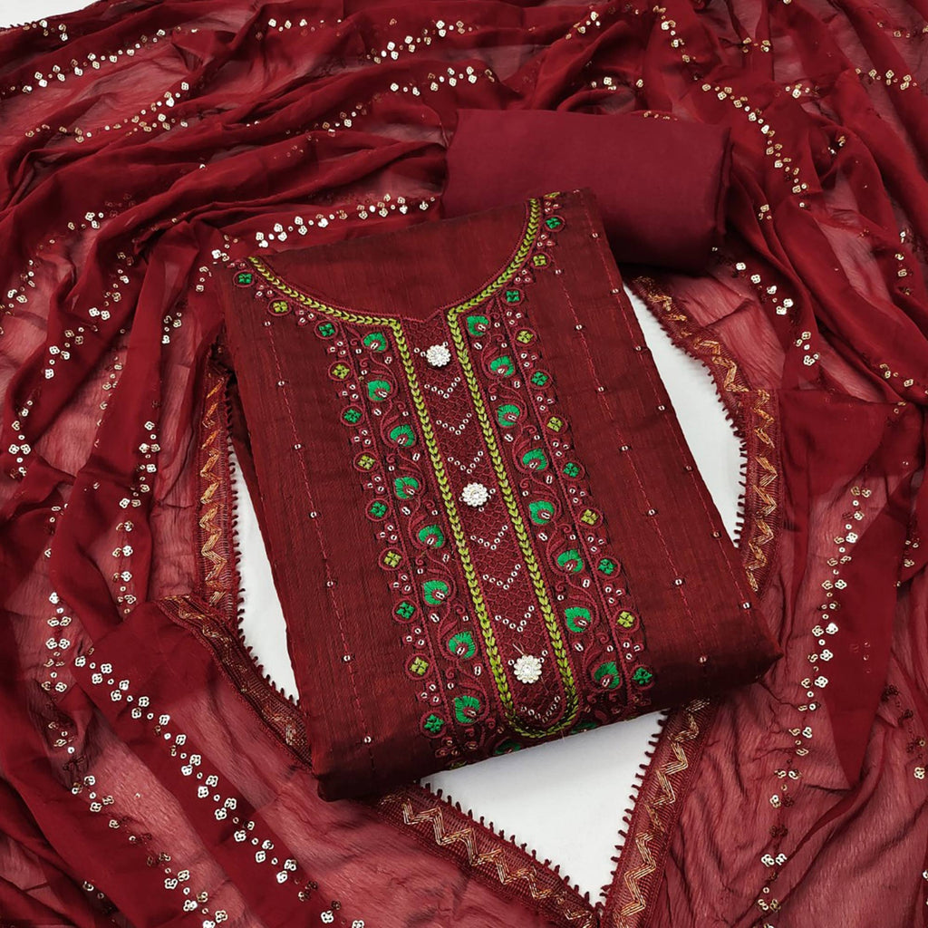 Maroon Sequins Embroidered Chanderi Dress Material