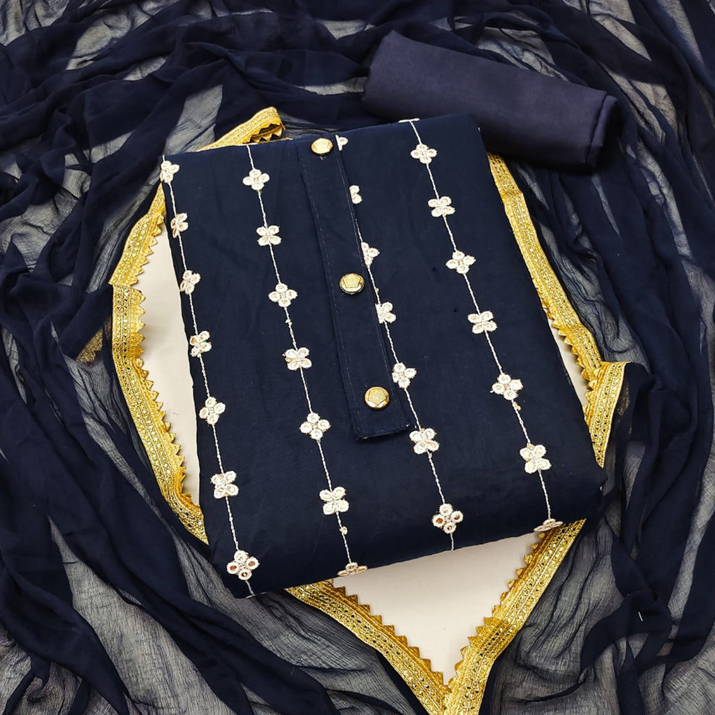 Navy Blue Dress Material With Floral Embroidery & Traditional Gota Patti Work