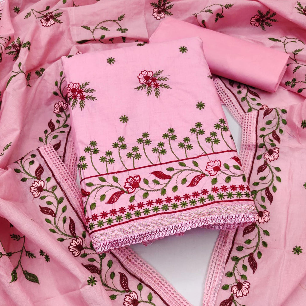 Pink Cotton Blend Dress Material With Delicate Floral Thread Embroidery