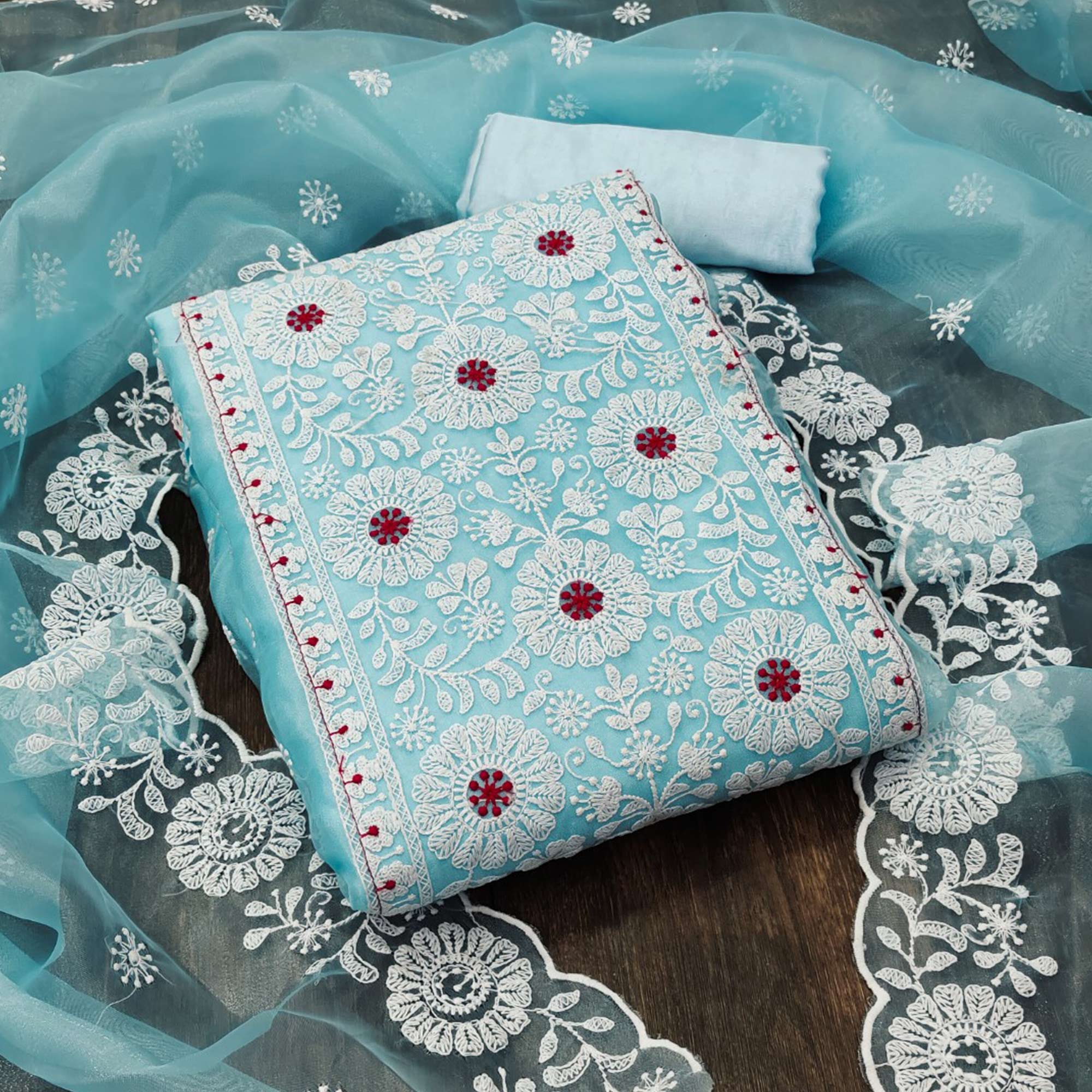 Blue Organza Dress Material With Intricate Floral Thread Embroidery