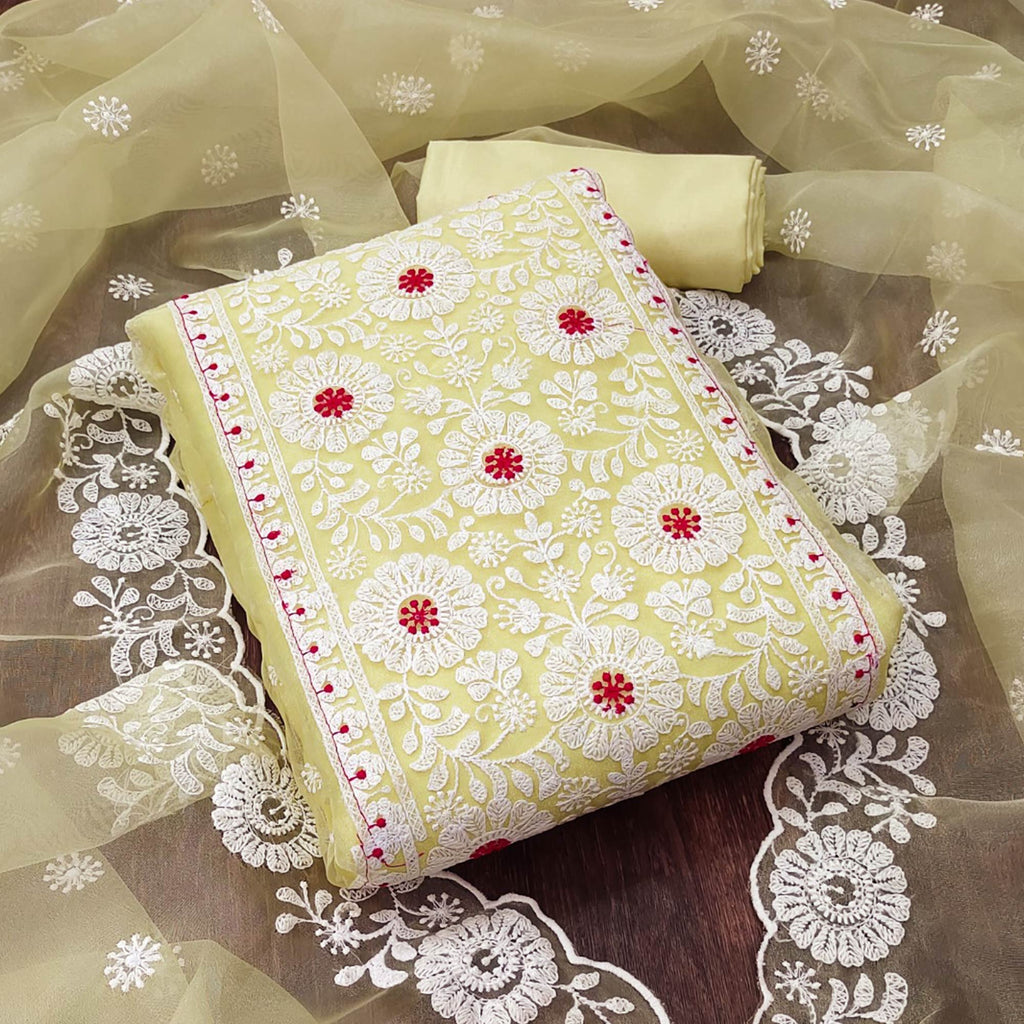 Light Yellow Organza Dress Material With Intricate Floral Thread Embroidery