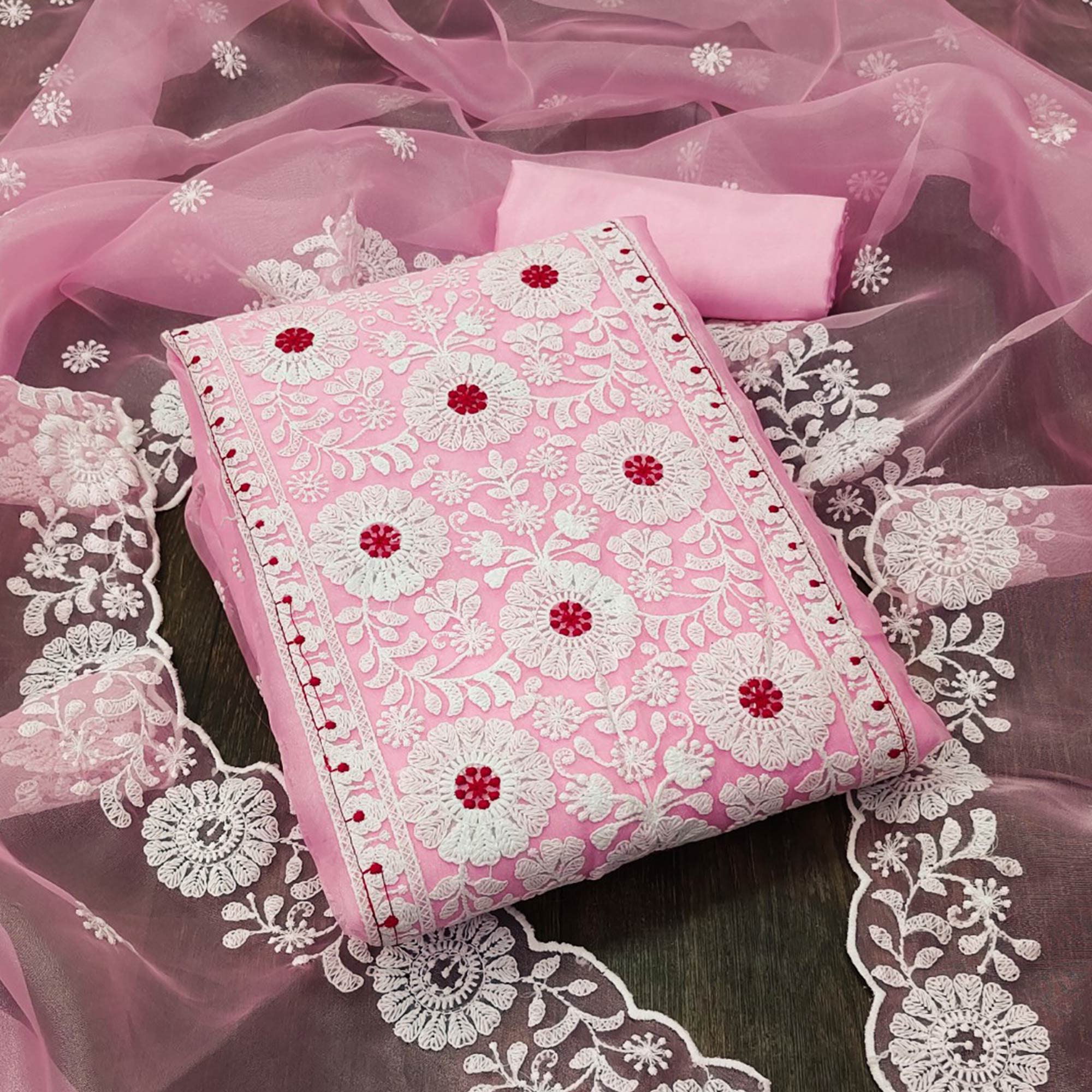 Pink Organza Dress Material With Intricate Floral Thread Embroidery