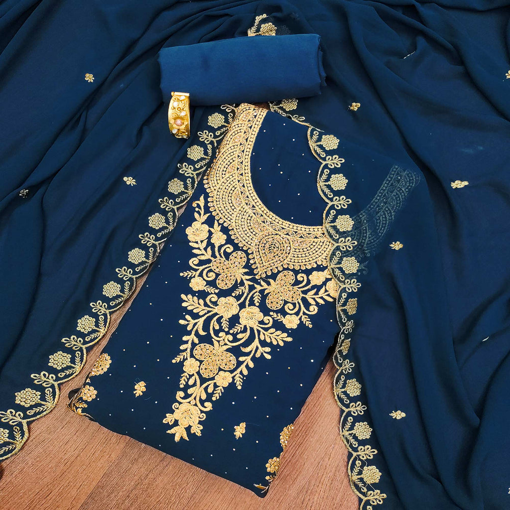 Blue Floral Embroidered Georgette Dress Material