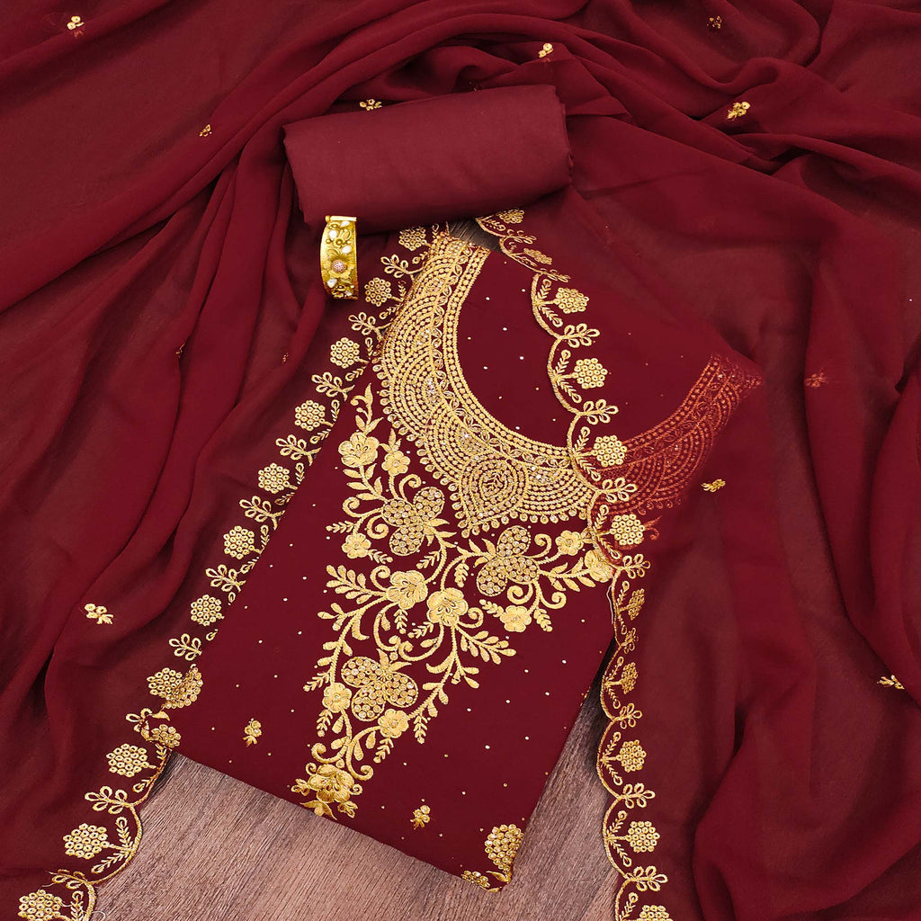 Maroon Floral Embroidered Georgette Dress Material