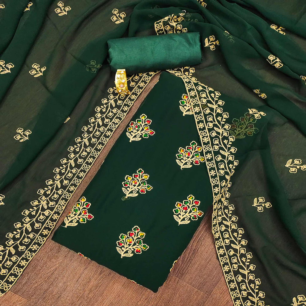 Green Floral Embroidered Georgette Dress Material