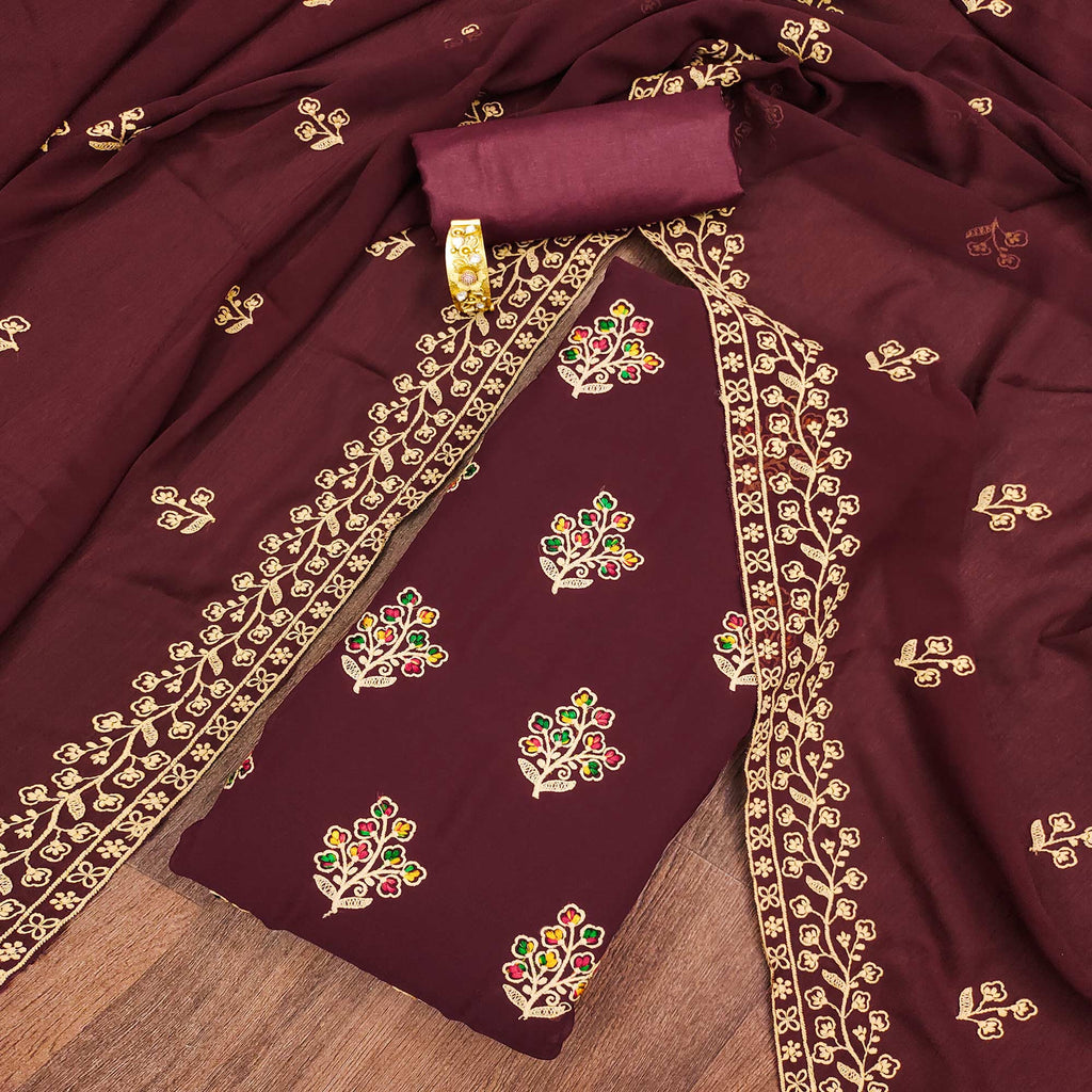 Maroon Floral Embroidered Georgette Dress Material