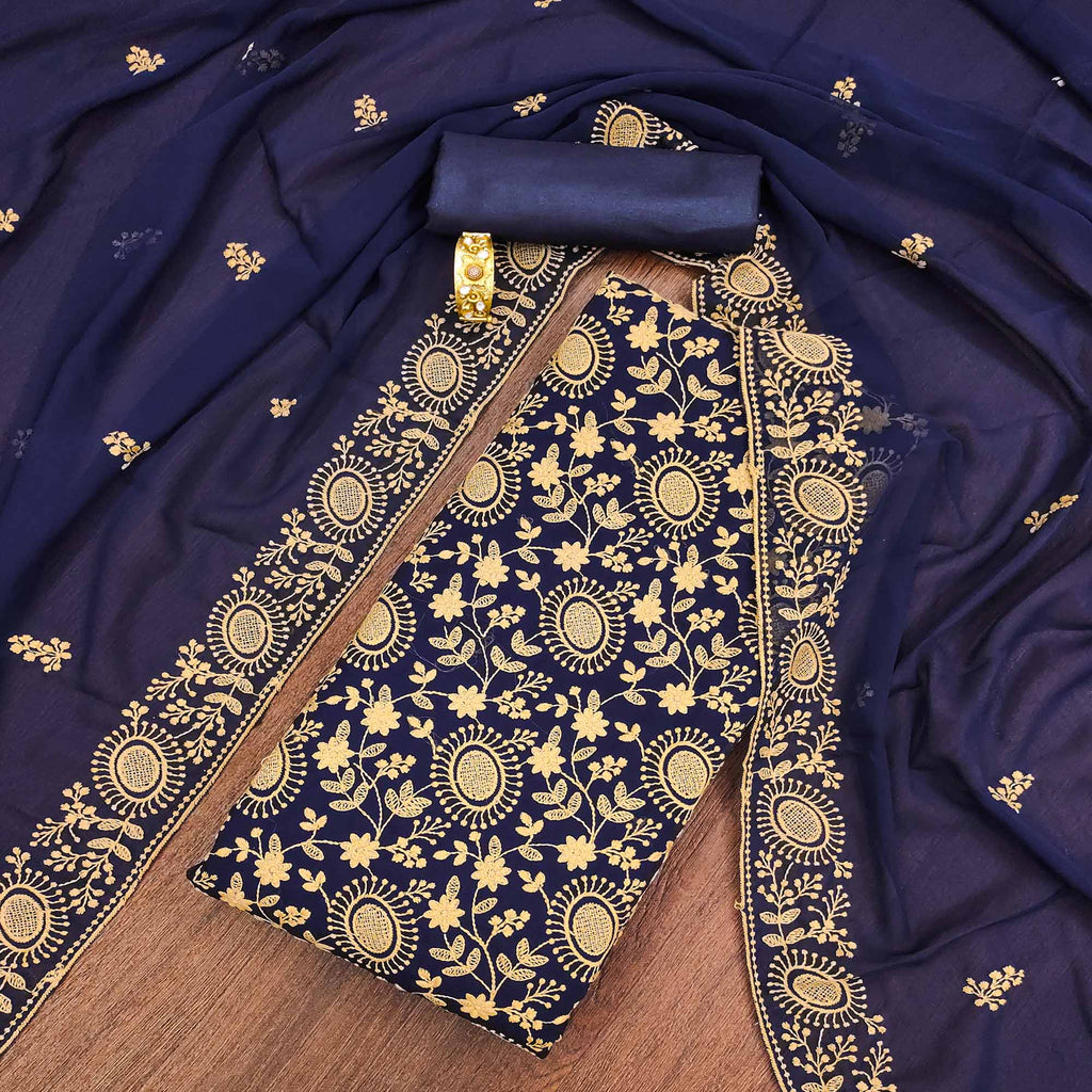 Navy Blue Floral Embroidered Georgette Dress Material