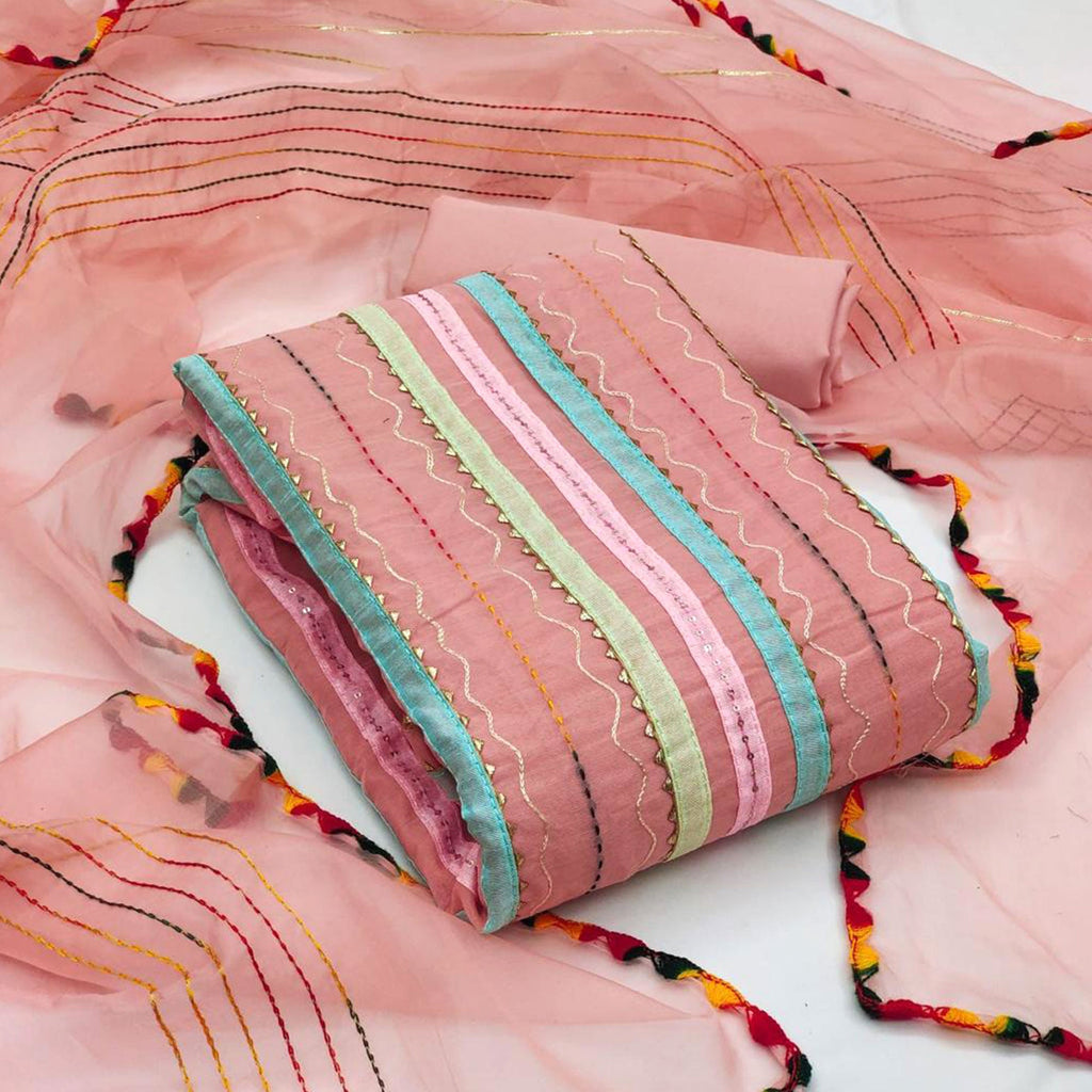 Peach Sequins Embroidered Chanderi Dress Material