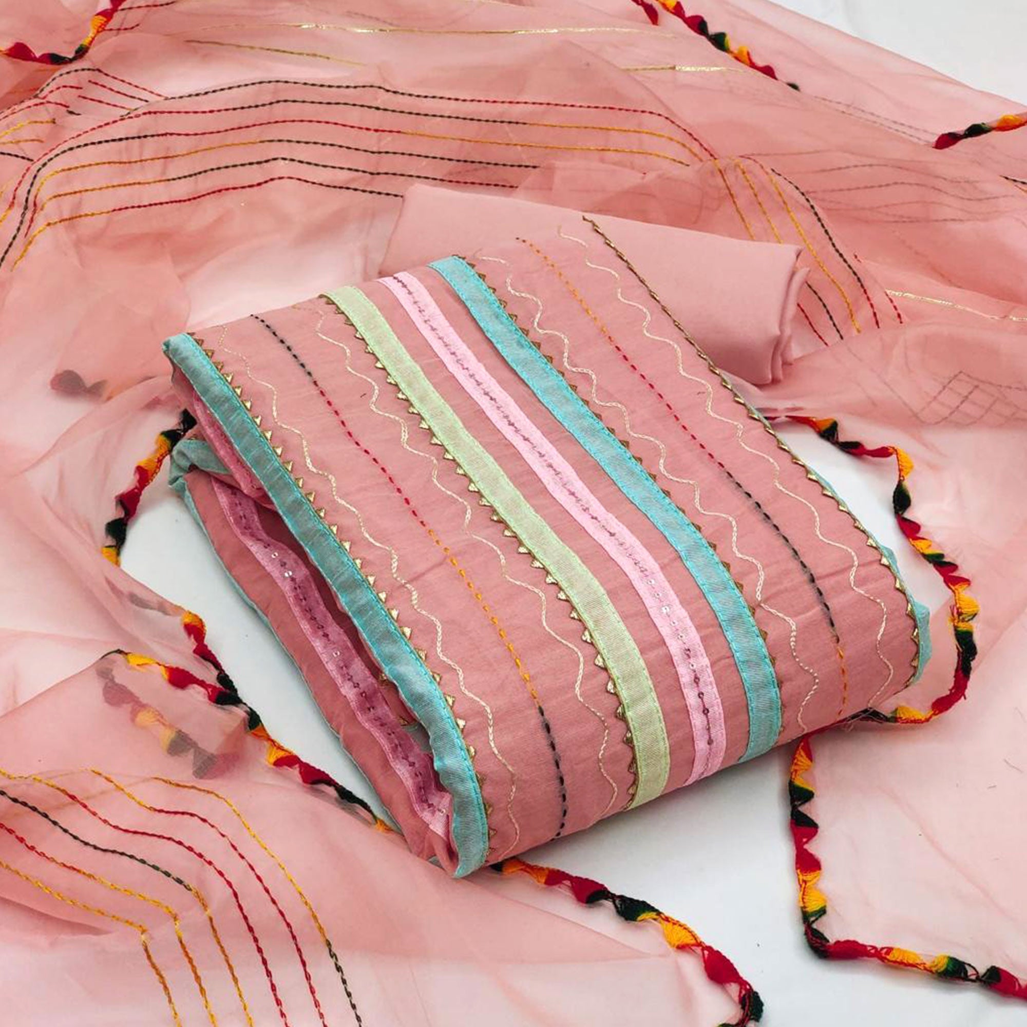 Peach Sequins Embroidered Chanderi Dress Material