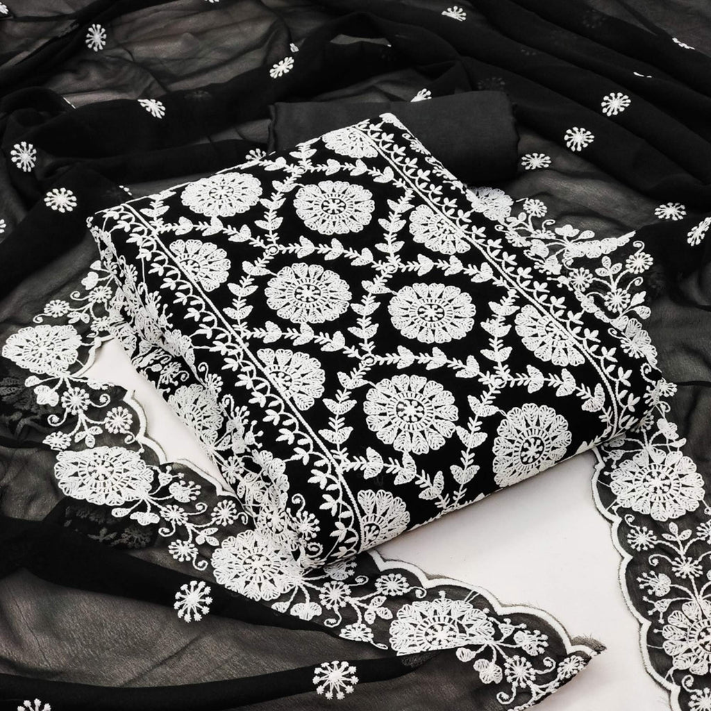 Black Floral Embroidered Georgette Dress Material