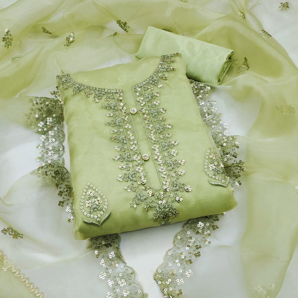 Green Organza Silk Dress Material With Exquisite Floral Embroidery & Sequin Work