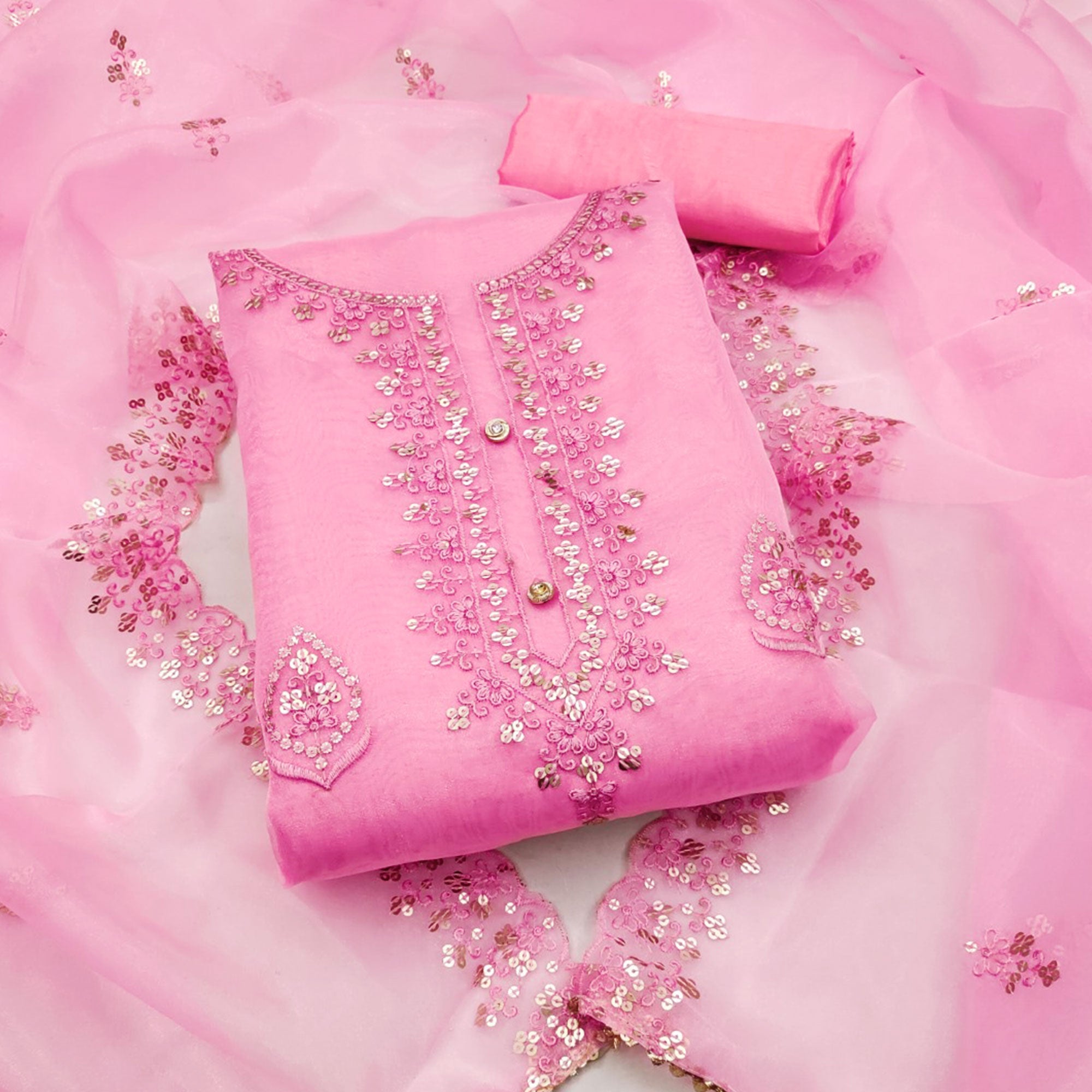 Pink Organza Silk Dress Material With Exquisite Floral Embroidery & Sequin Work