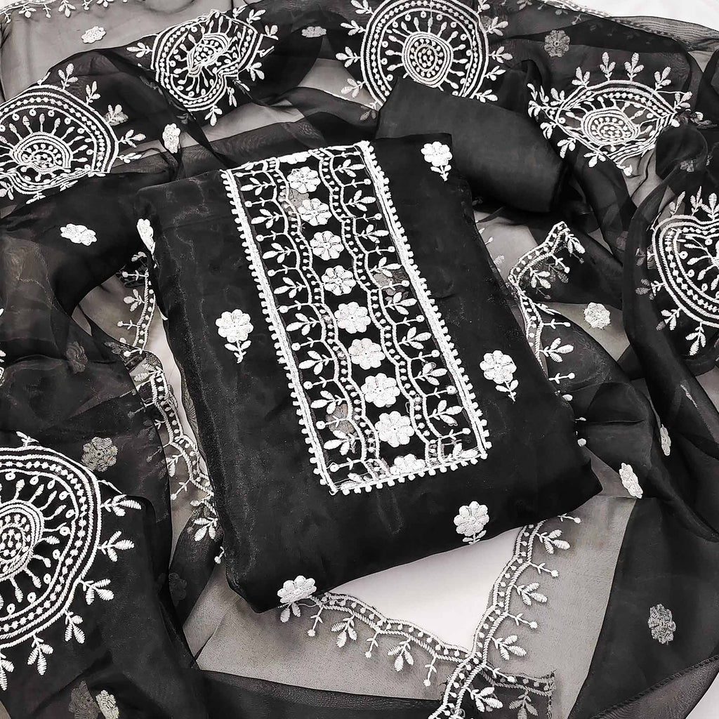 Black Organza Dress Material With Intricate Floral Thread Embroidery