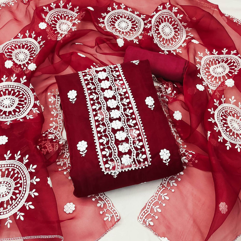 Maroon Organza Dress Material With Intricate Floral Thread Embroidery