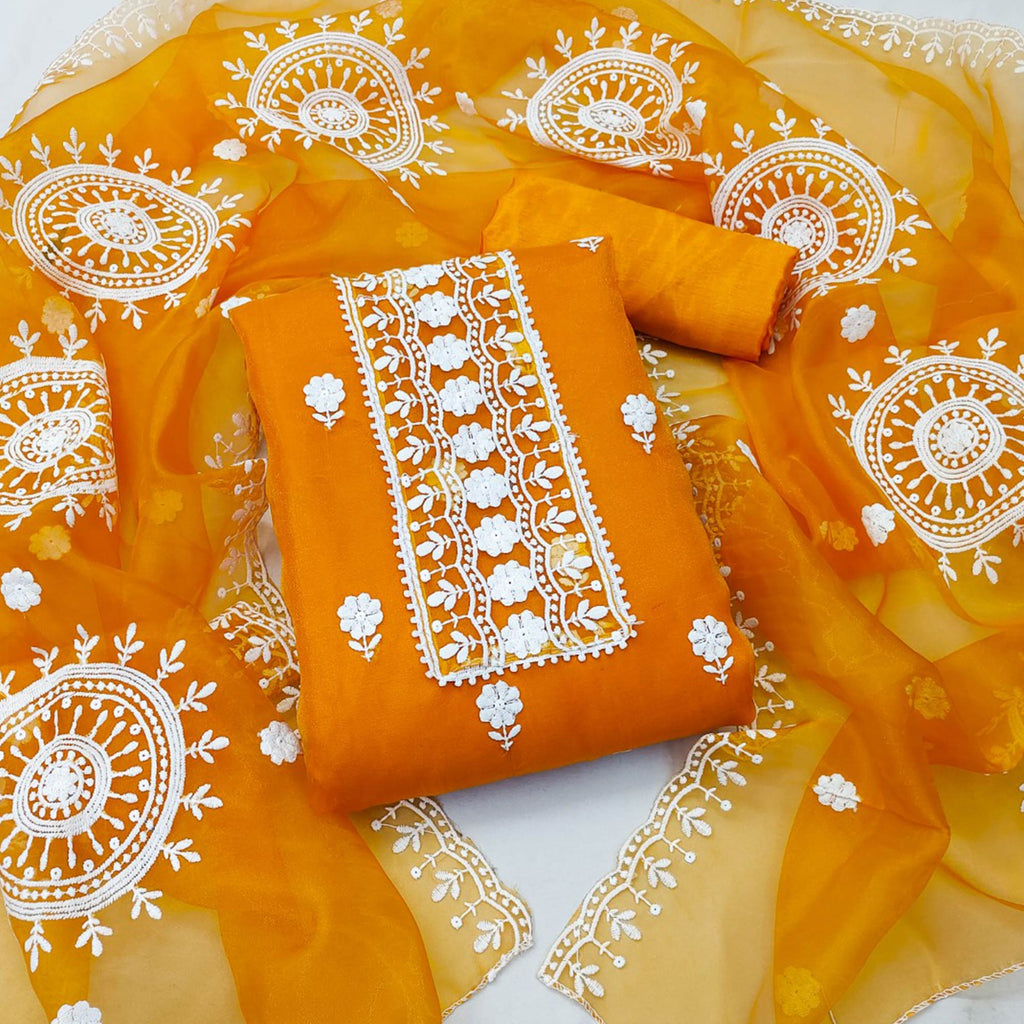 Orange Organza Dress Material With Intricate Floral Thread Embroidery
