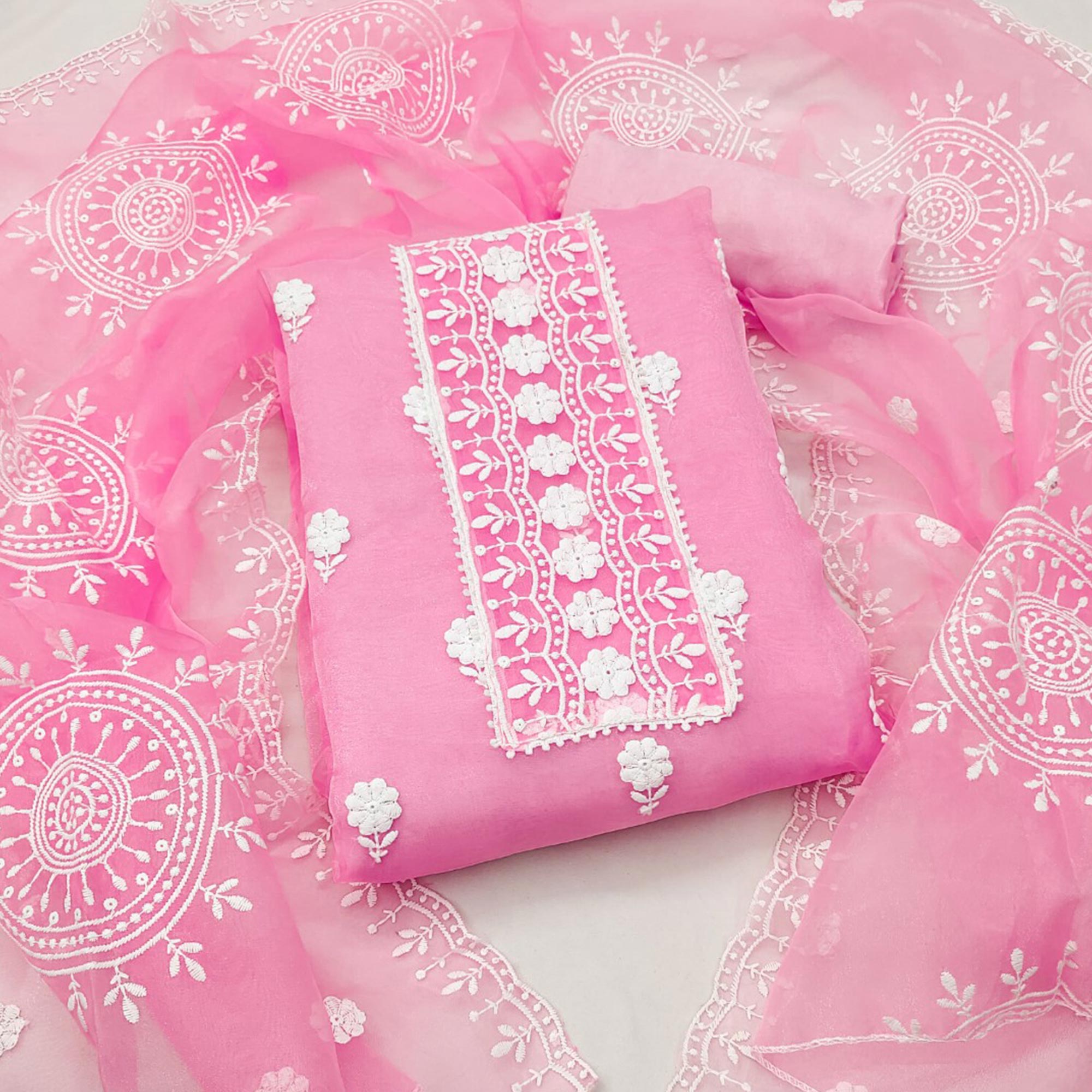 Pink Organza Dress Material With Intricate Floral Thread Embroidery