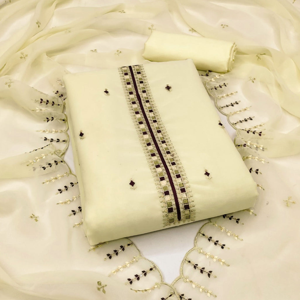 Light Yellow Sequins & Thread Embroidered Georgette Dress Material