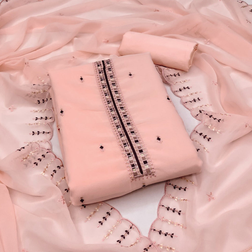 Peach Sequins & Thread Embroidered Georgette Dress Material