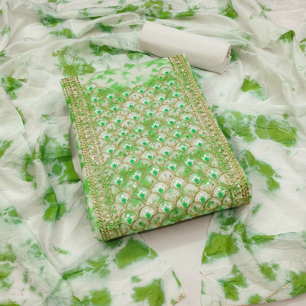 Green Printed With Embroidery Cotton Blend Dress Material