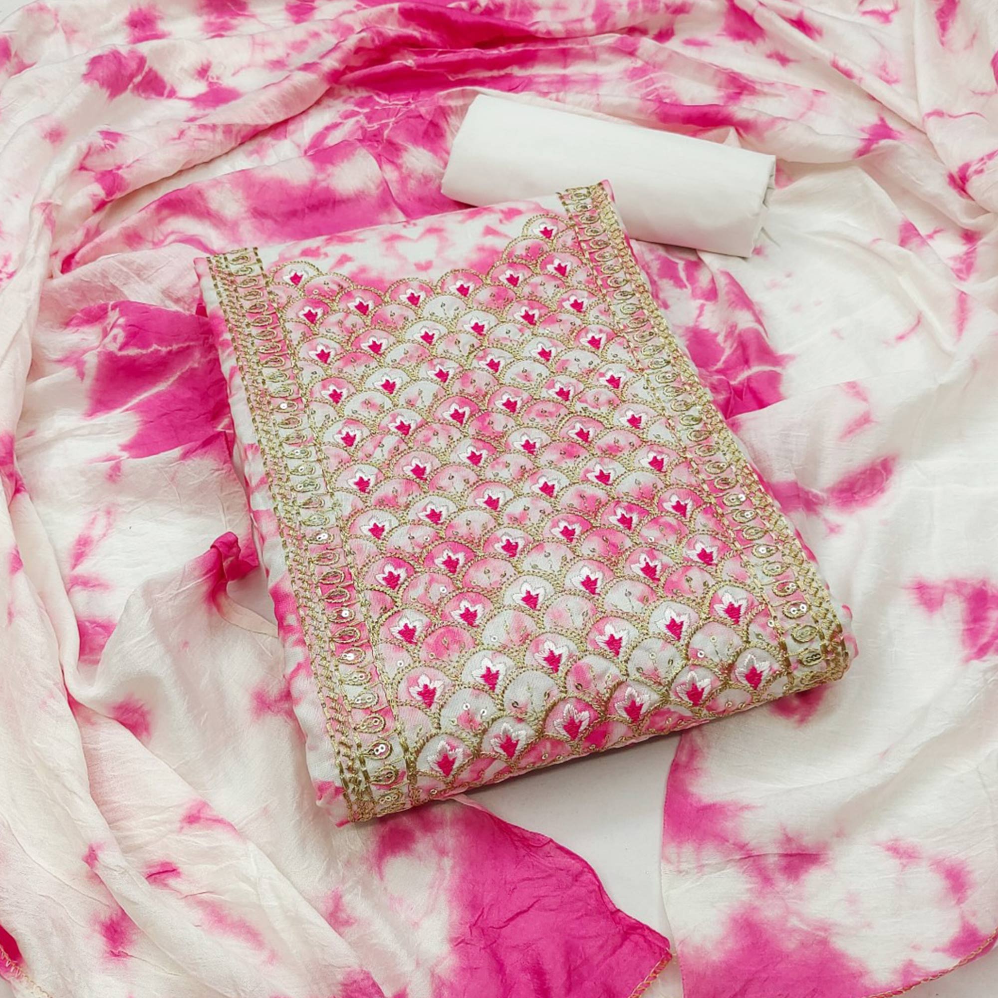 Pink Printed With Embroidery Cotton Blend Dress Material