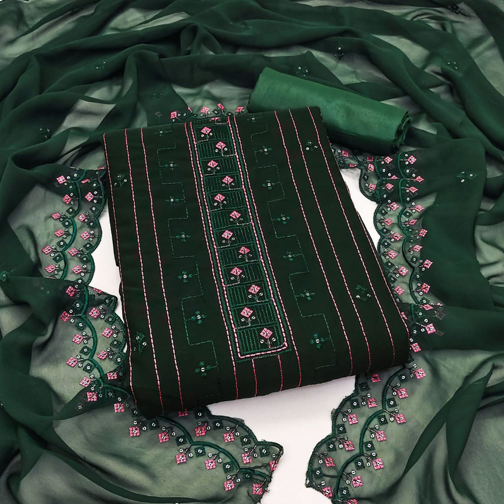 Green Sequins Embroidered Georgette Dress Material