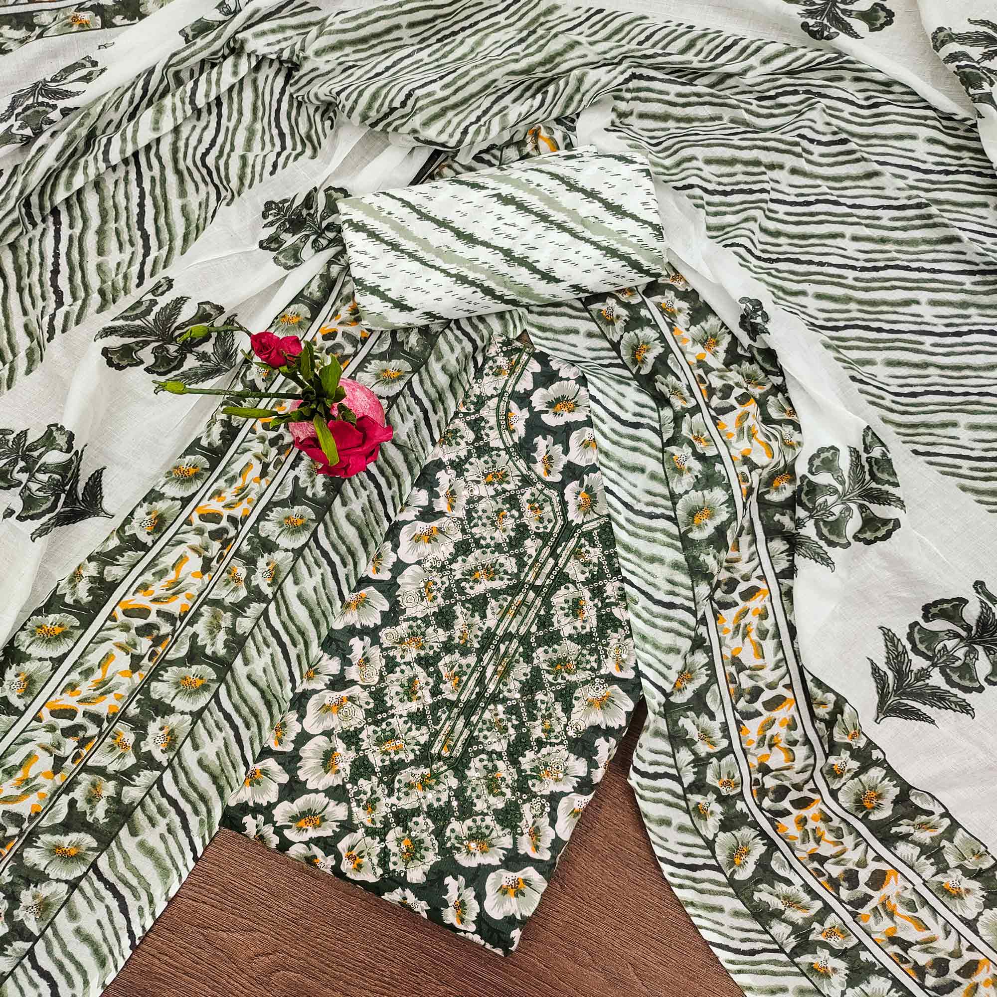 Green Printed With Embroidered Cotton Blend Dress Material