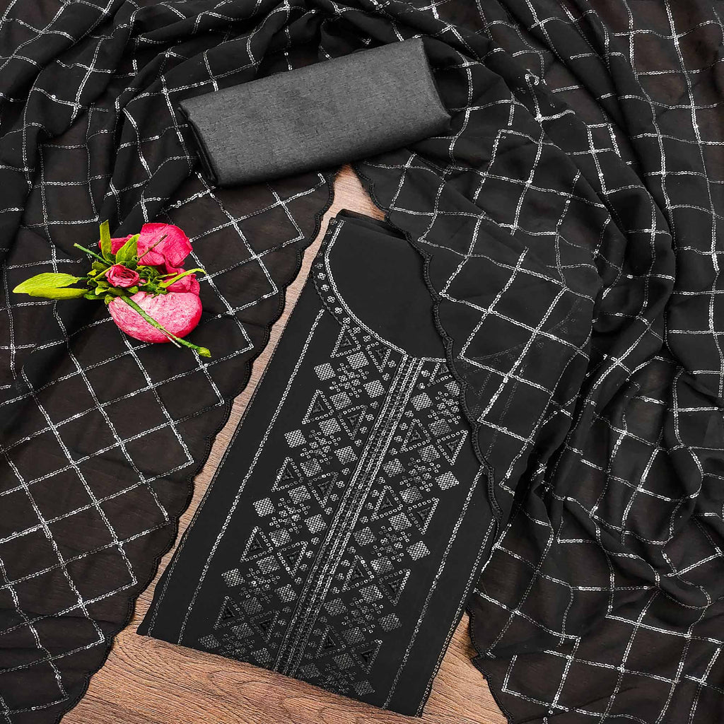 Black Sequins Embroidered Georgette Dress Material