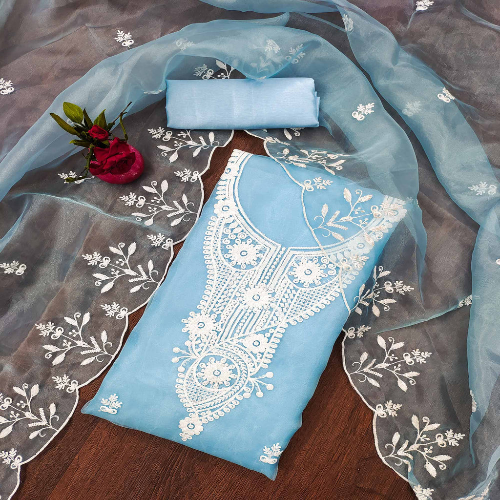 Blue Floral Embroidered Organza Dress Material