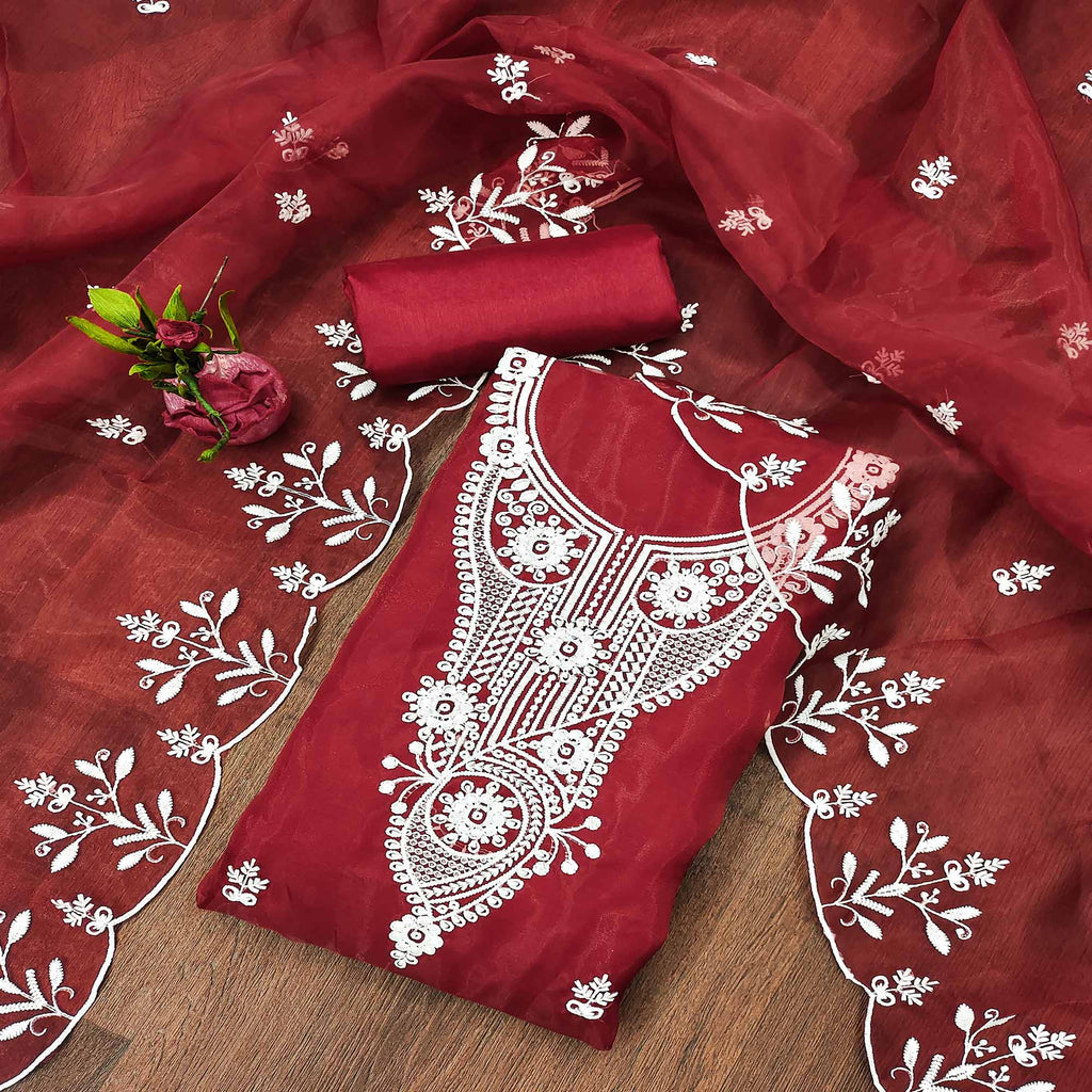 Maroon Floral Embroidered Organza Dress Material