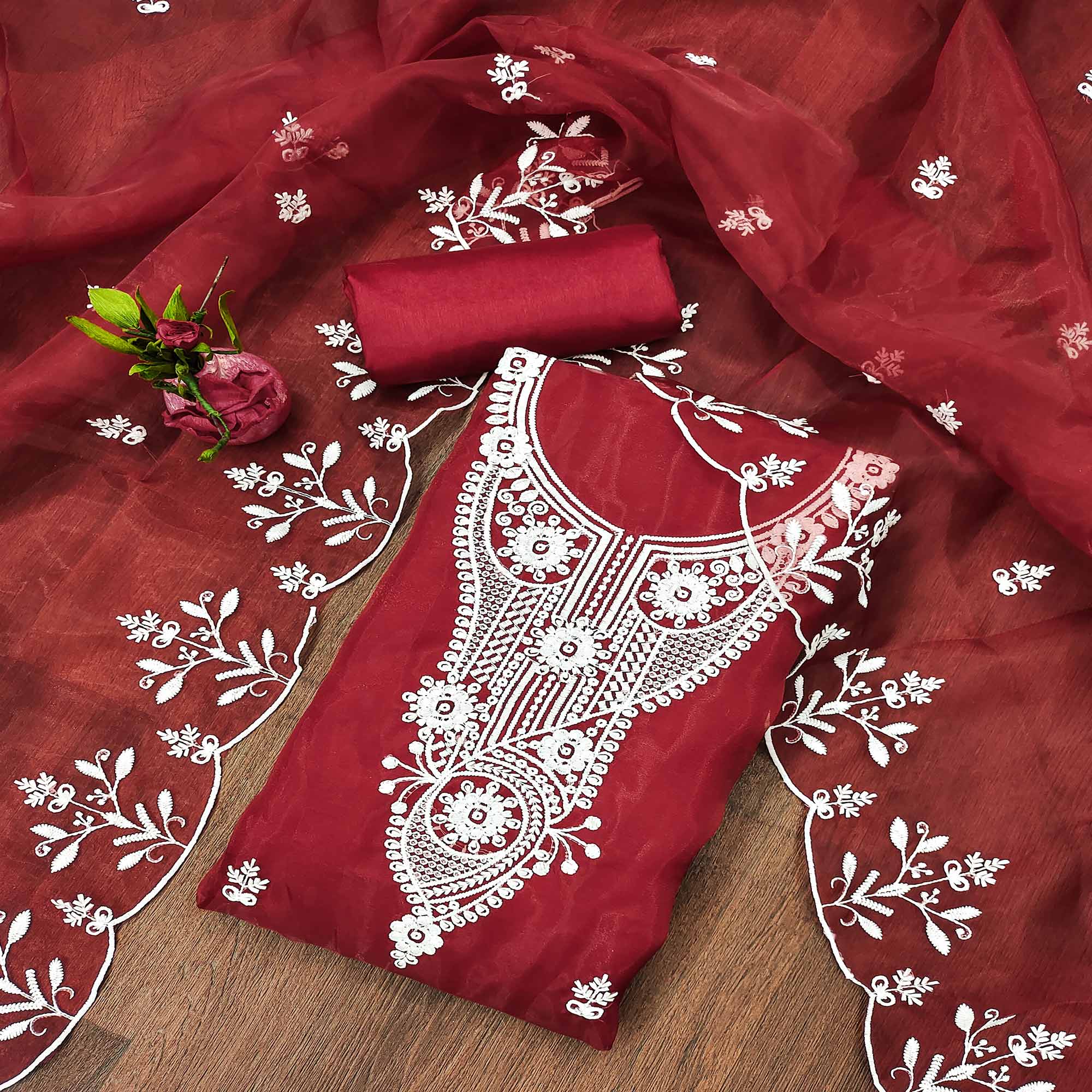 Maroon Floral Embroidered Organza Dress Material