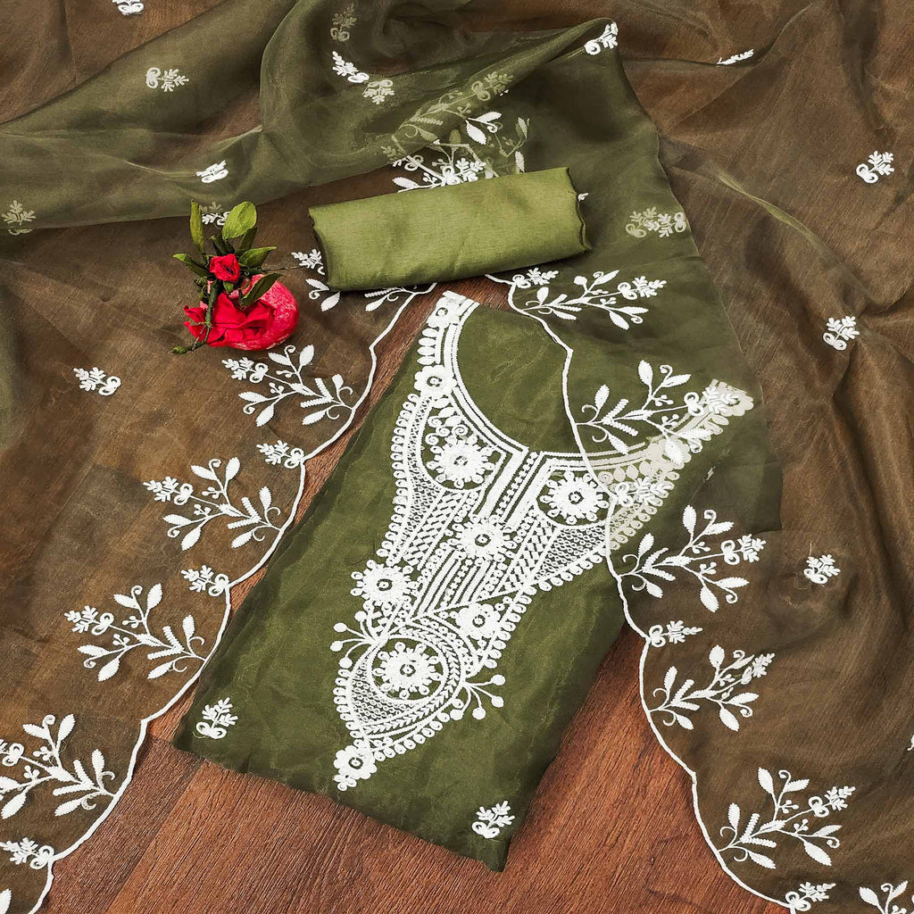 Mehendi Green Floral Embroidered Organza Dress Material