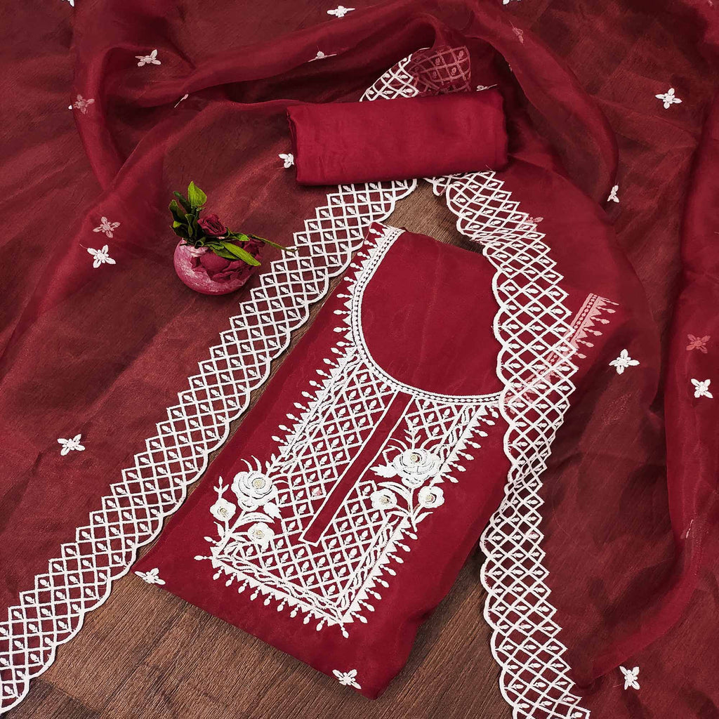 Maroon Floral Embroidered Organza Dress Material