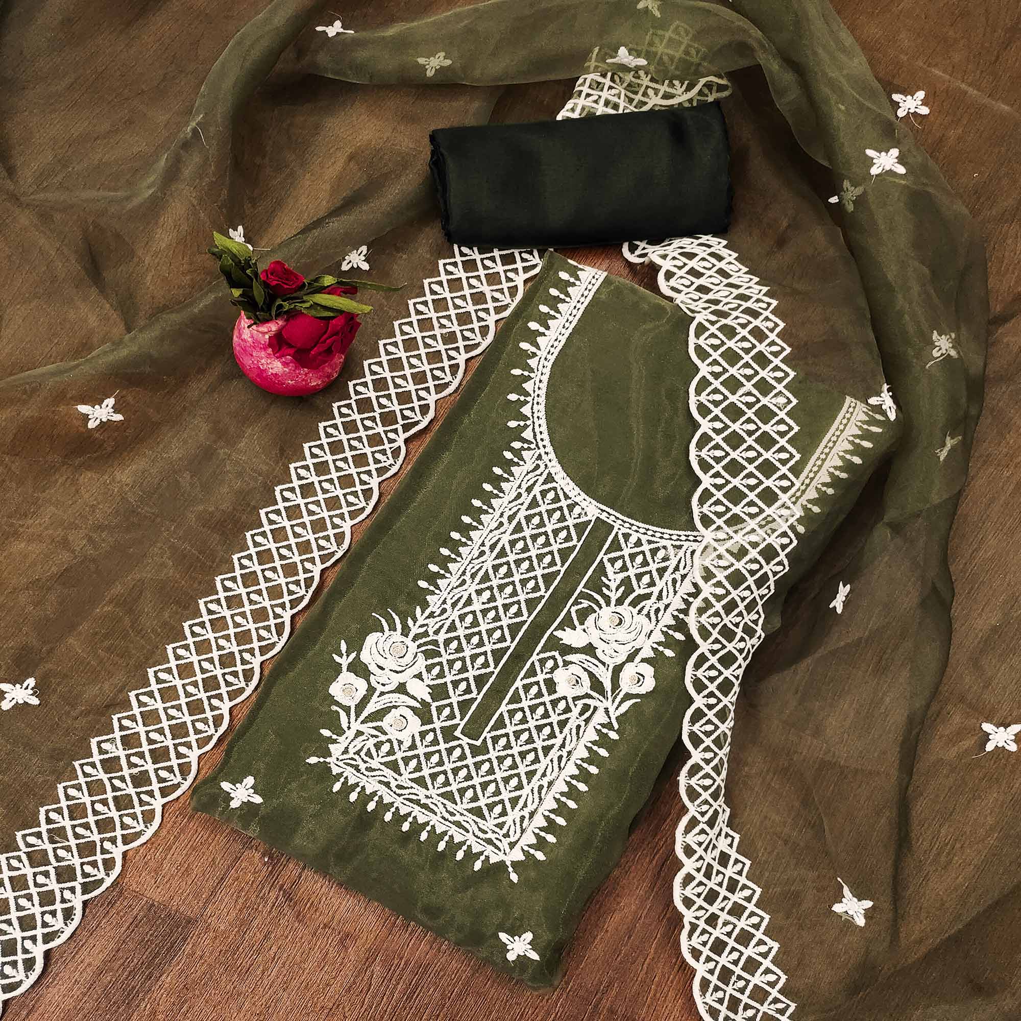 Mehandi Green Floral Embroidered Organza Dress Material