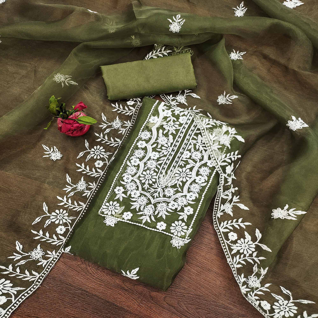 Green Floral Embroidered Organza Dress Material