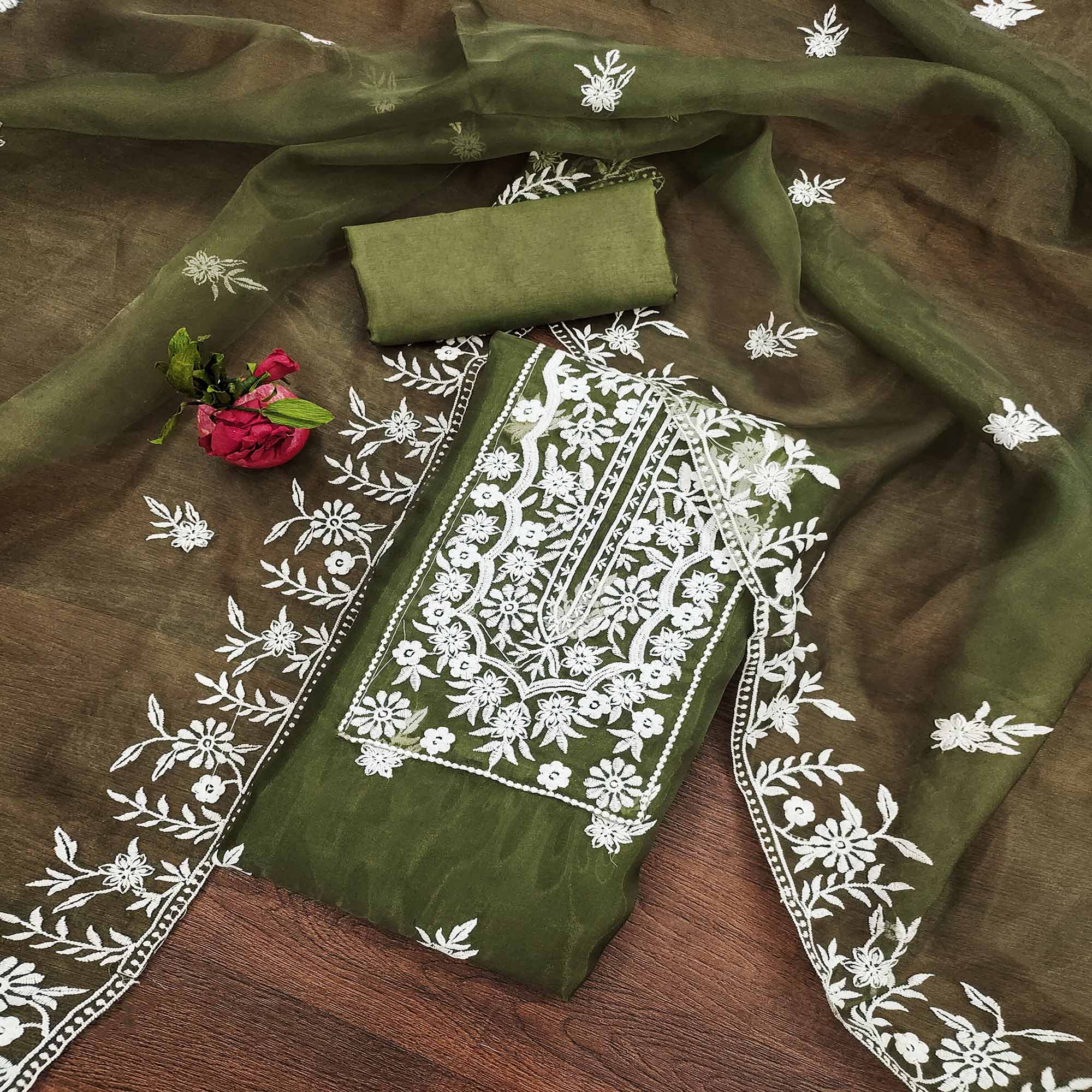 Green Floral Embroidered Organza Dress Material