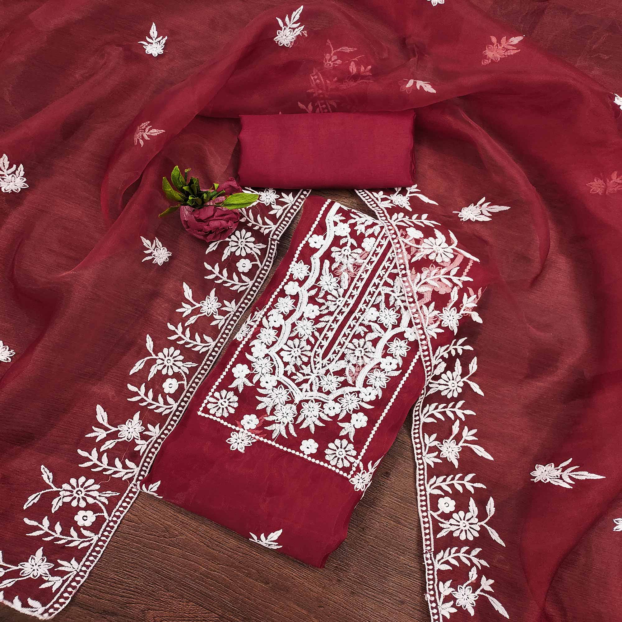 Maroon Floral Embroidered Organza Dress Material