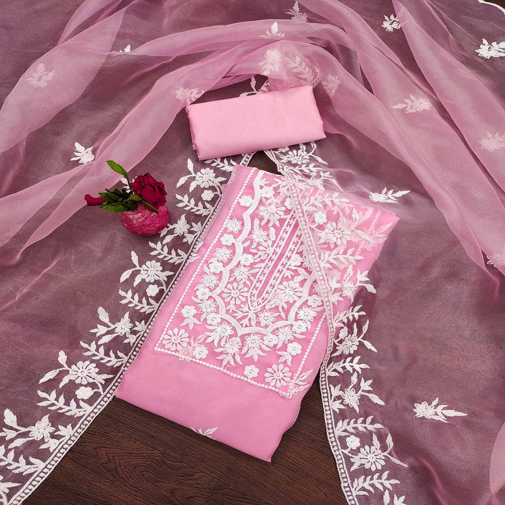 Pink Floral Embroidered Organza Dress Material