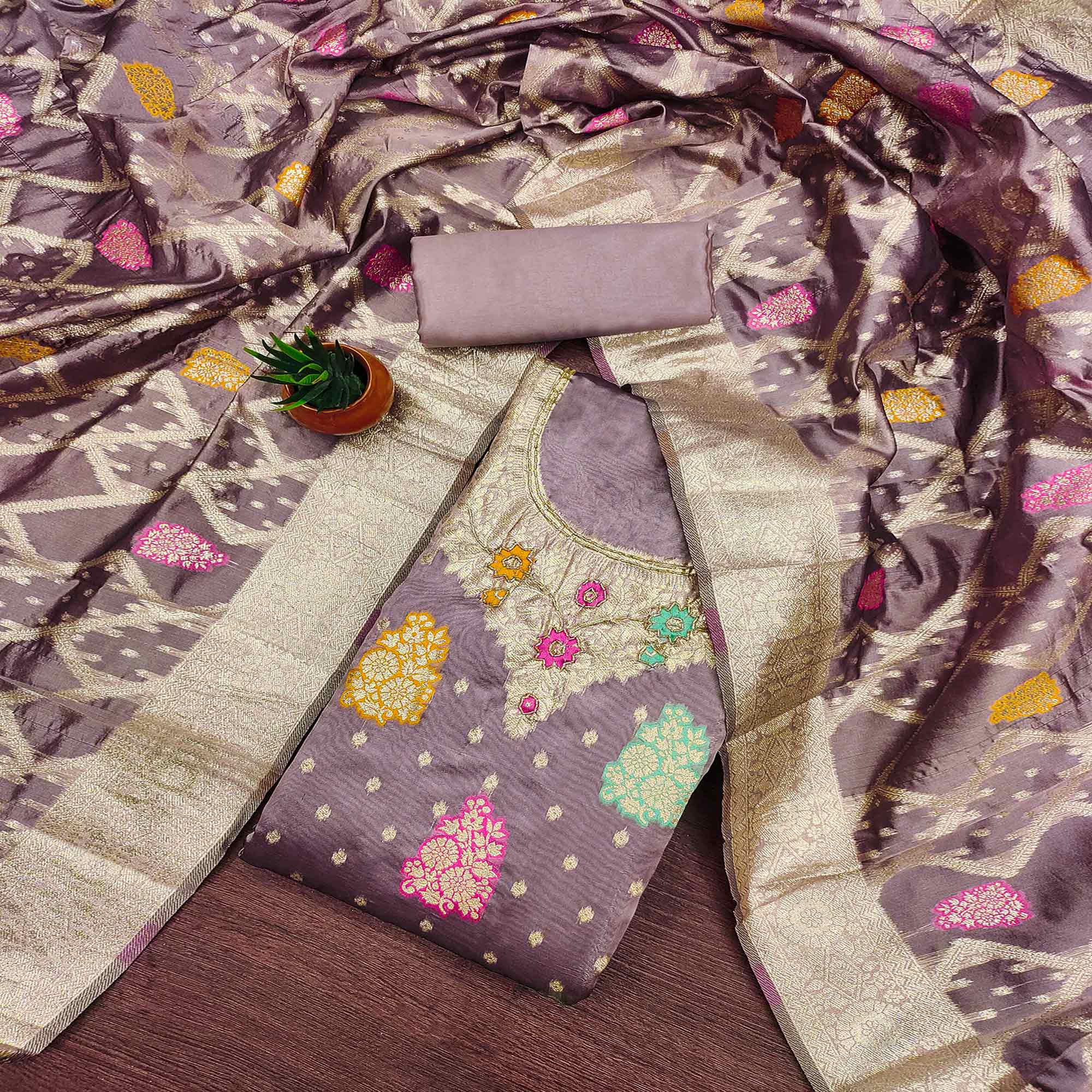 Mauve Floral Woven Jacquard Dress Material