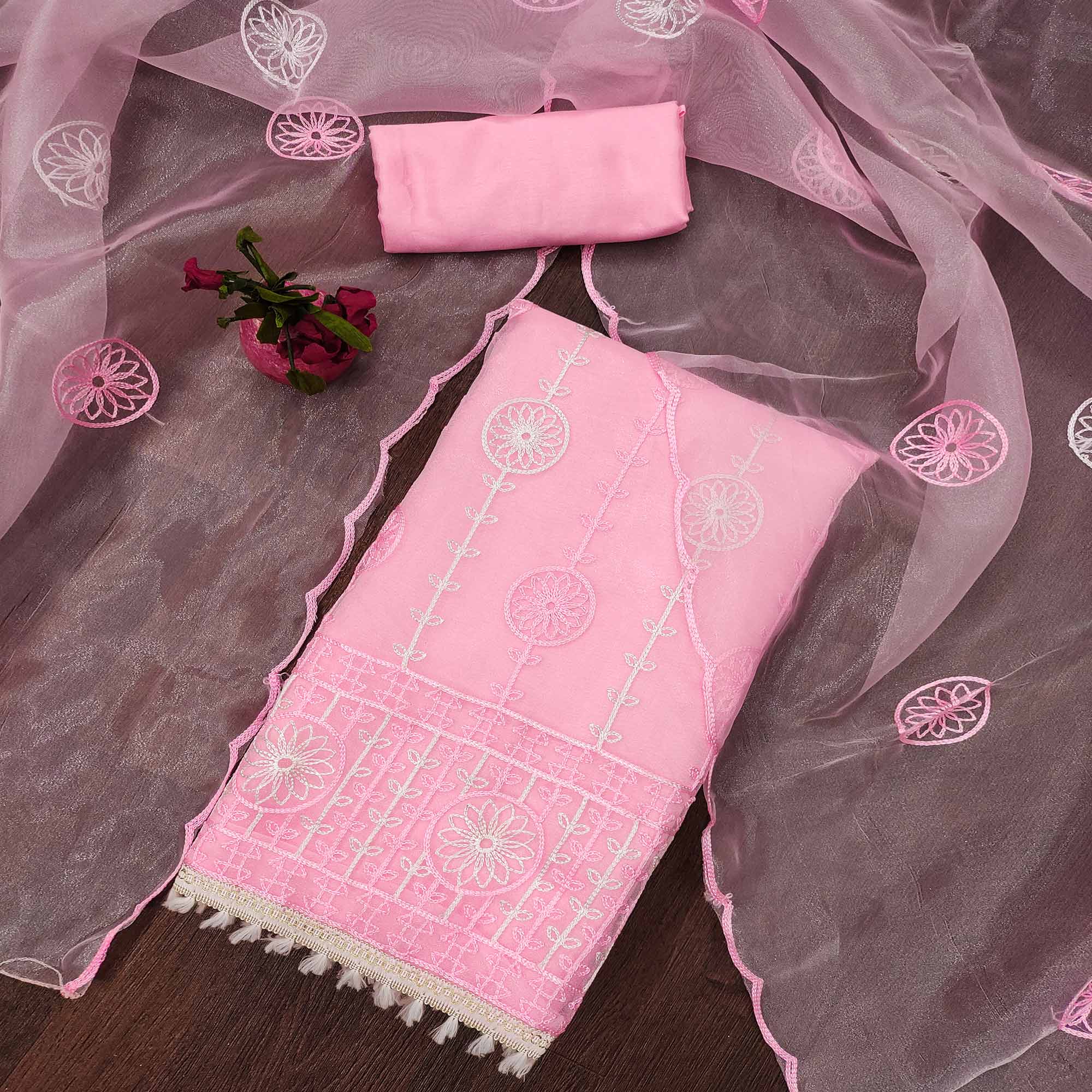Pink Floral Embroidered Organza Dress Material