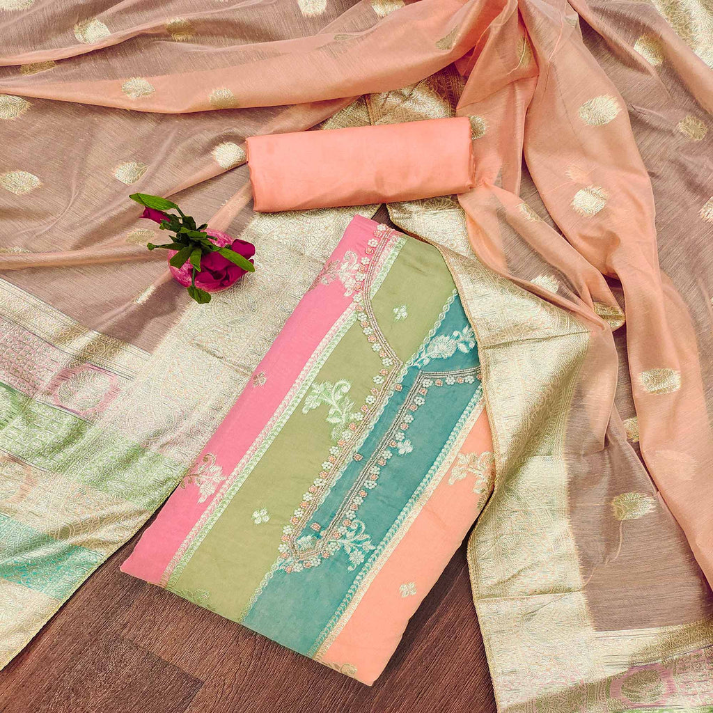 Peach Floral Woven With Hand Embroidered Jacquard Dress Material