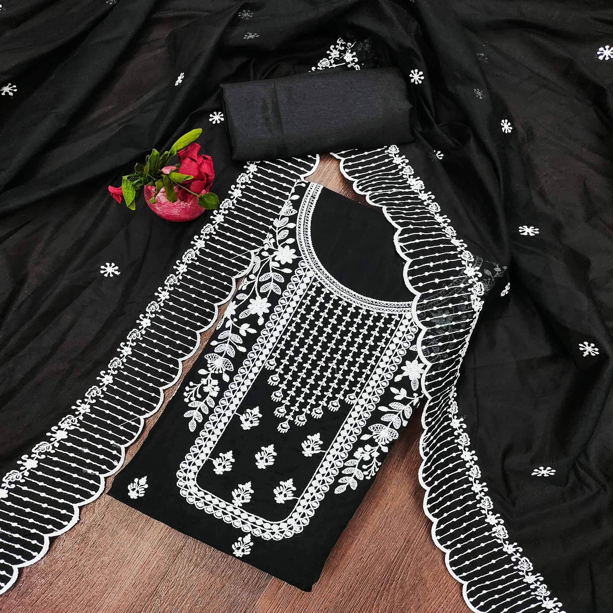 Black Floral Embroidered Chanderi Dress Material