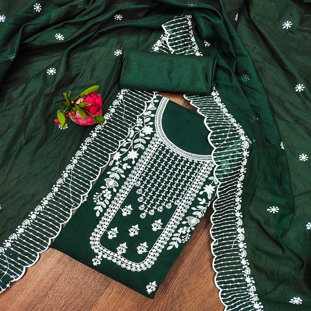 Green Floral Embroidered Chanderi Dress Material
