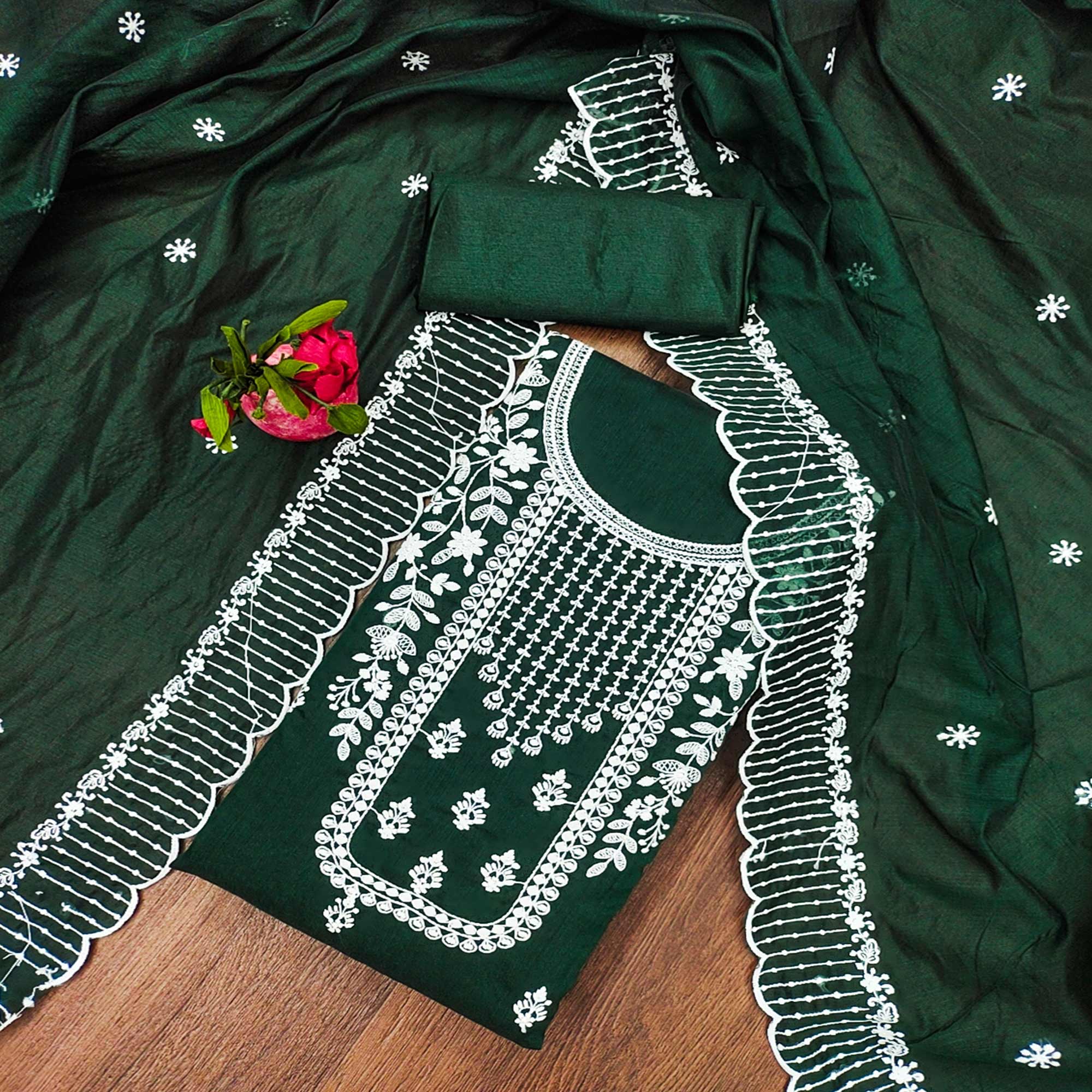 Green Floral Embroidered Chanderi Dress Material