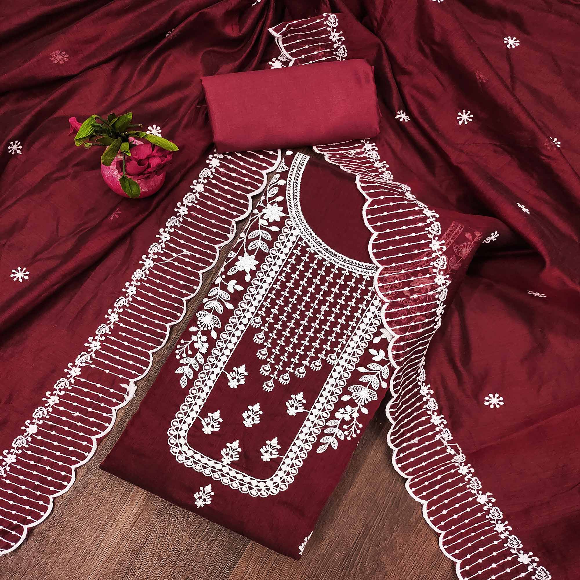 Maroon Floral Embroidered Chanderi Dress Material