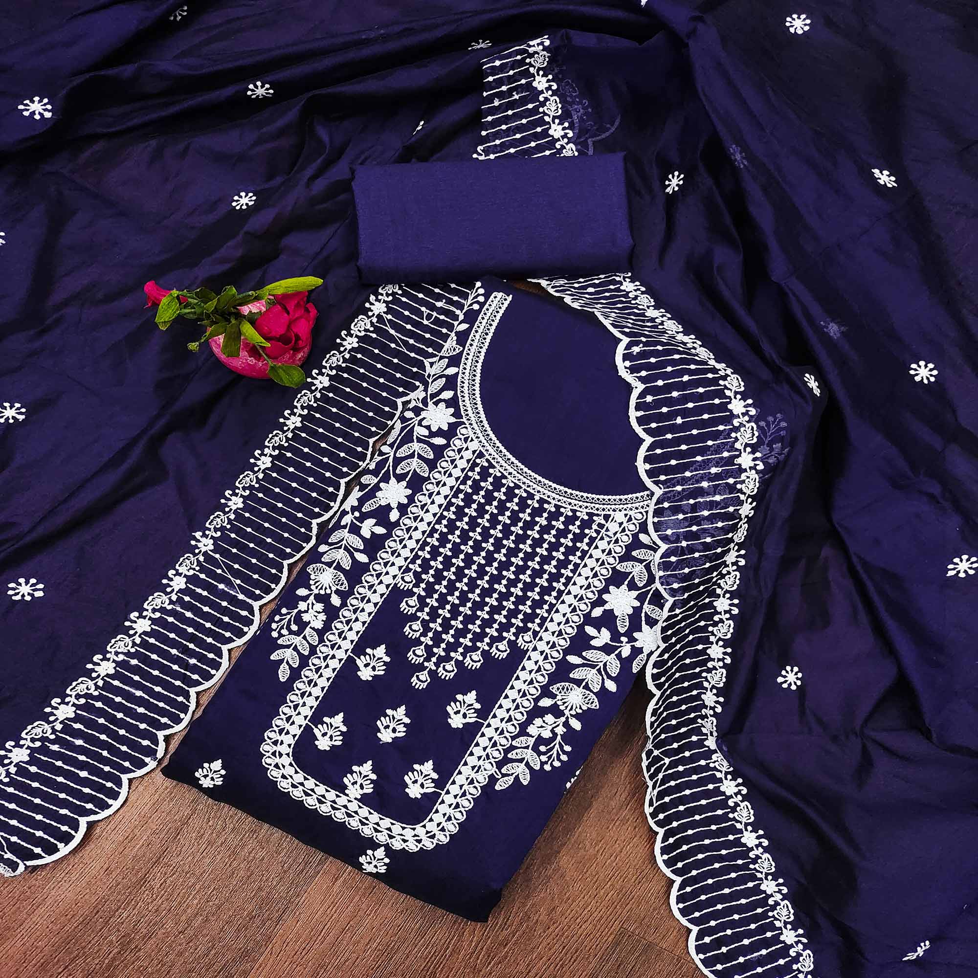 Navy Blue Floral Embroidered Cotton Dress Material