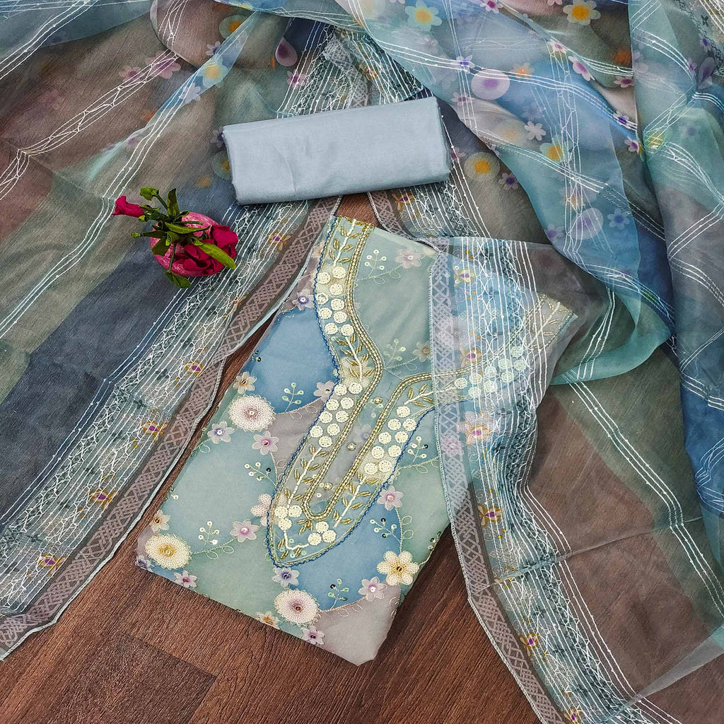 Blue Floral Sequins Embroidered Organza Dress Material