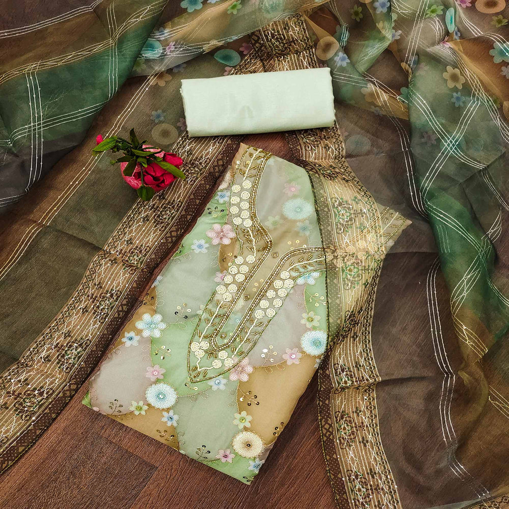Green Floral Sequins Embroidered Organza Dress Material