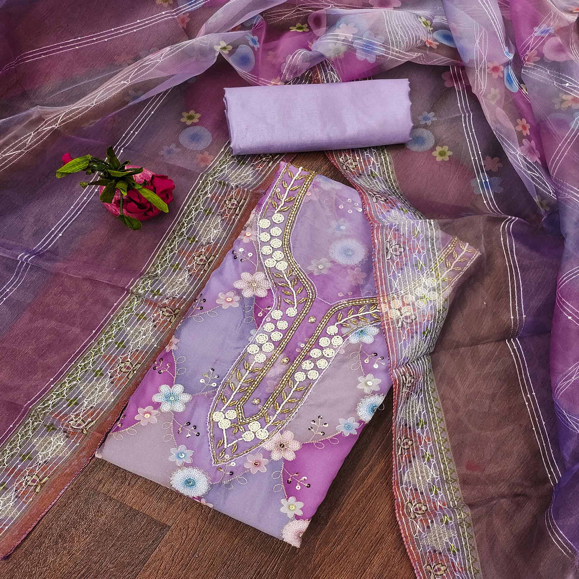 Lavender Floral Sequins Embroidered Organza Dress Material