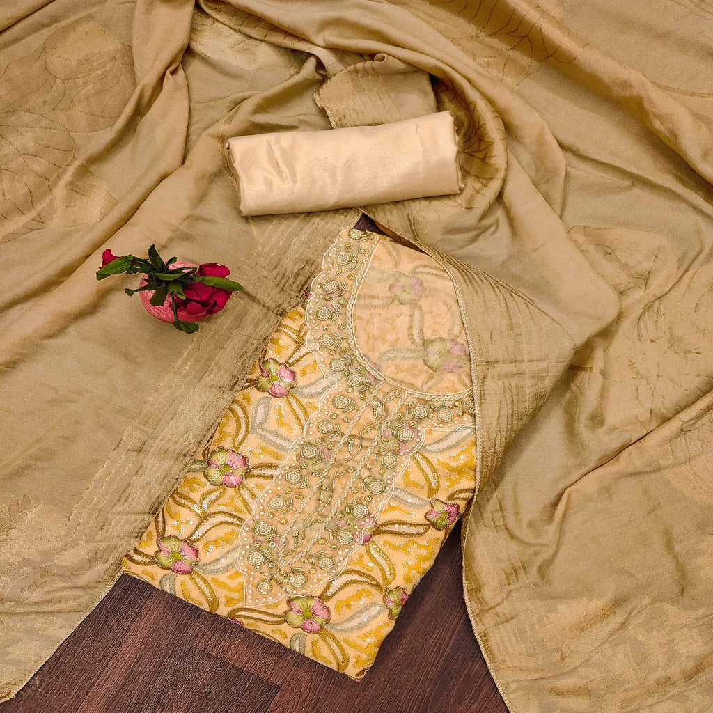 Chikoo Floral Sequins Embroidered Organza Dress Material