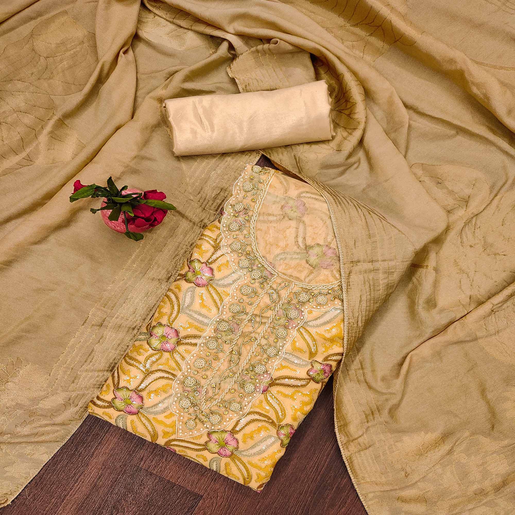 Chikoo Floral Sequins Embroidered Organza Dress Material